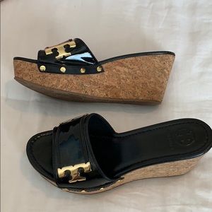 Tory Burch black patent wedges